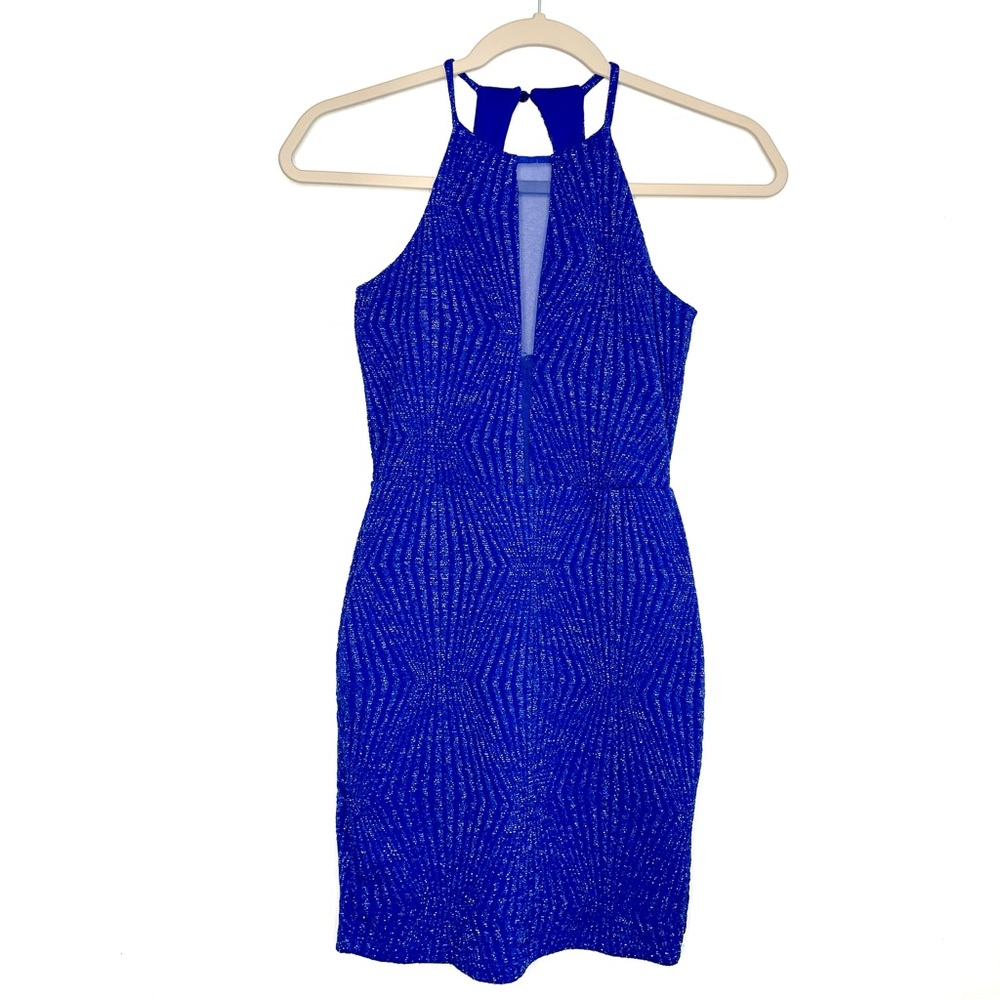 SOLD Charlotte Russe Electric Blue Cutout Halter Mini Dress XS Metallic - Picture 1 of 15